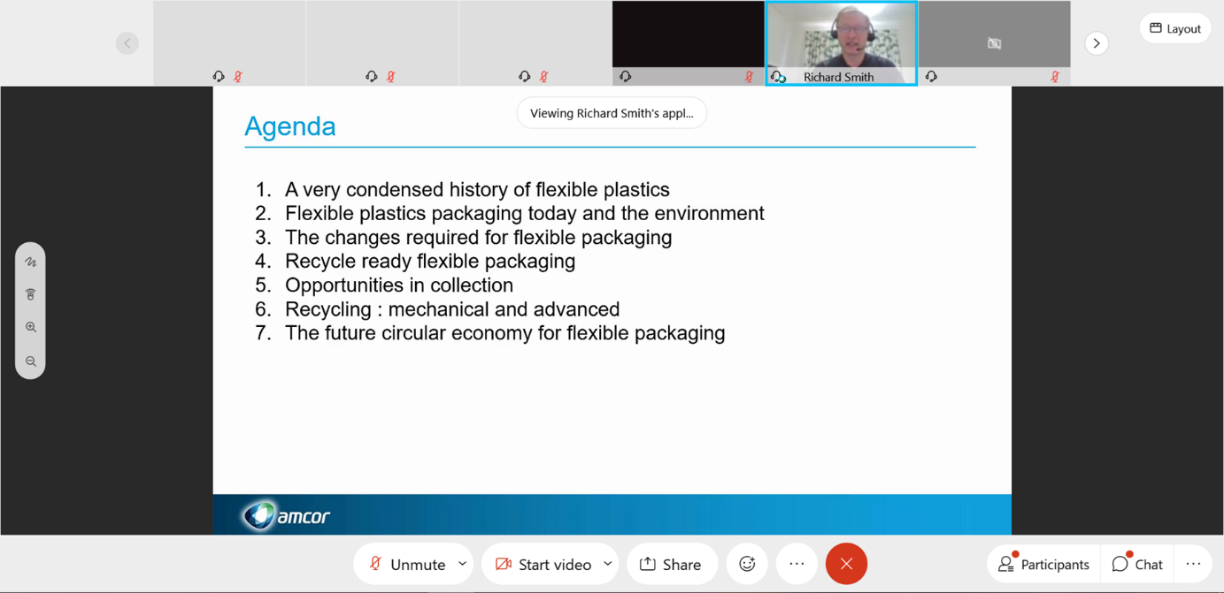 Screenshot 1: Mr Richard Smith presenting an overview of the circular economy and how flexible packaging innovations can improving recyclability of packaging and accelerate the move towards a circular economy